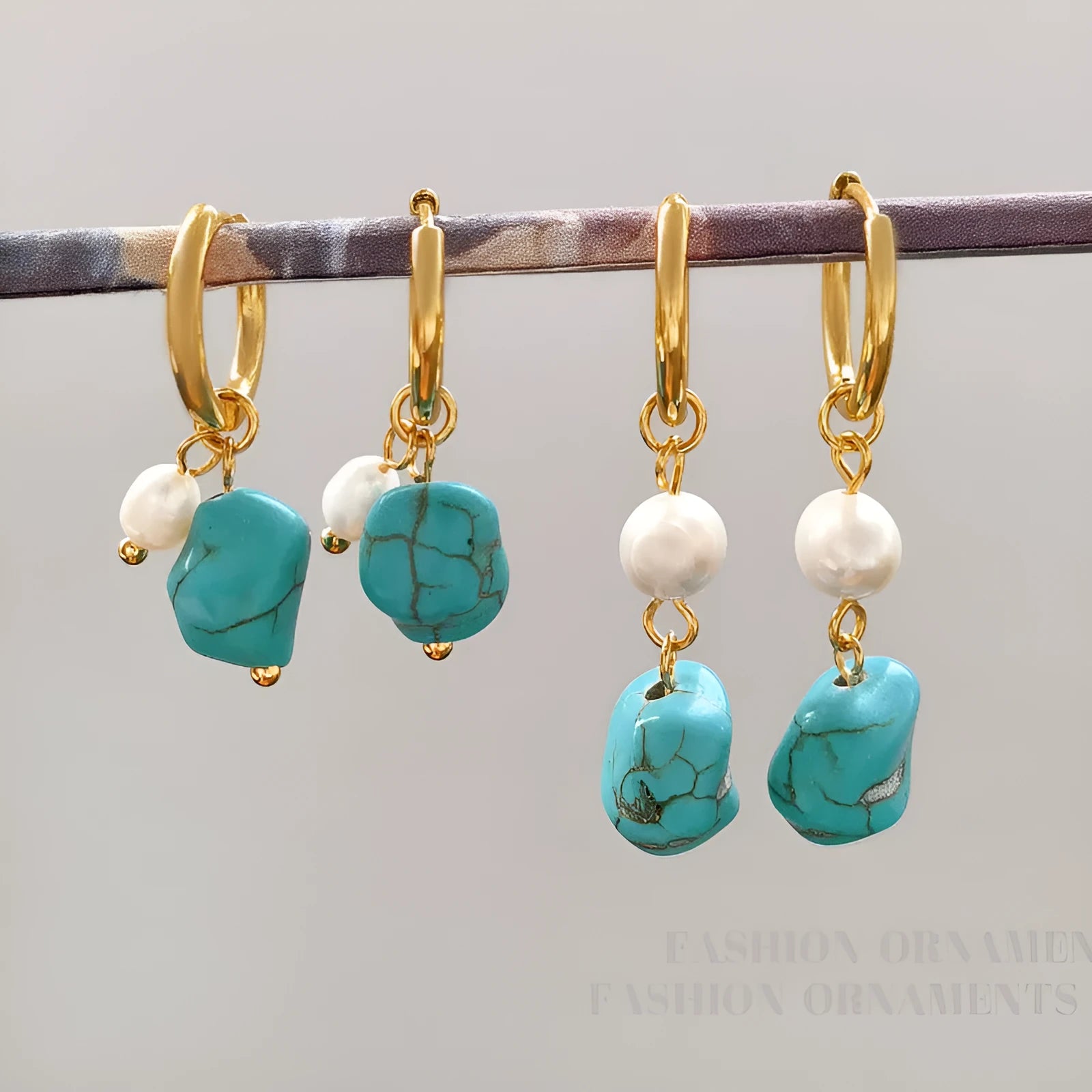 Copper geometry earrings with irregular turquoise stones and cultured pearls in short and long styles