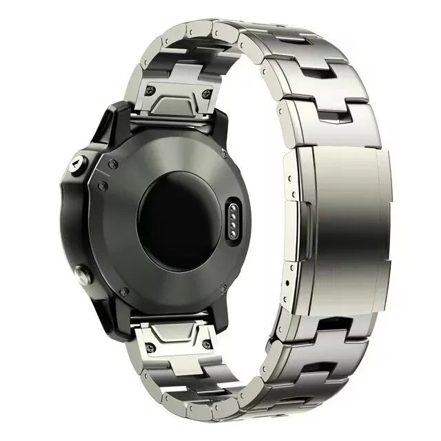 Garmin Fenix watch metal replacement strap in silver, black, or titanium colour, 22mm or 26mm width