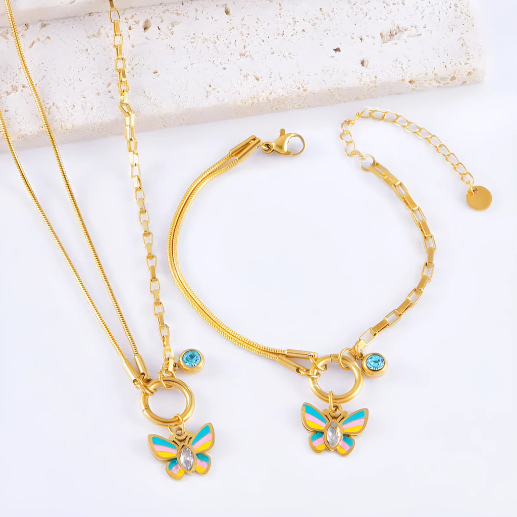 Gold titanium steel butterfly necklace and bracelet set with epoxy colour detailing on animal zodiac pendant