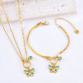 Gold titanium steel butterfly necklace and bracelet set with epoxy colour detailing on animal zodiac pendant