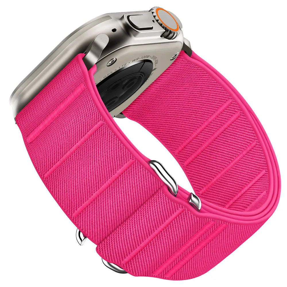 Elastic nylon Apple Watch replacement band with stainless steel buckle in various colours.