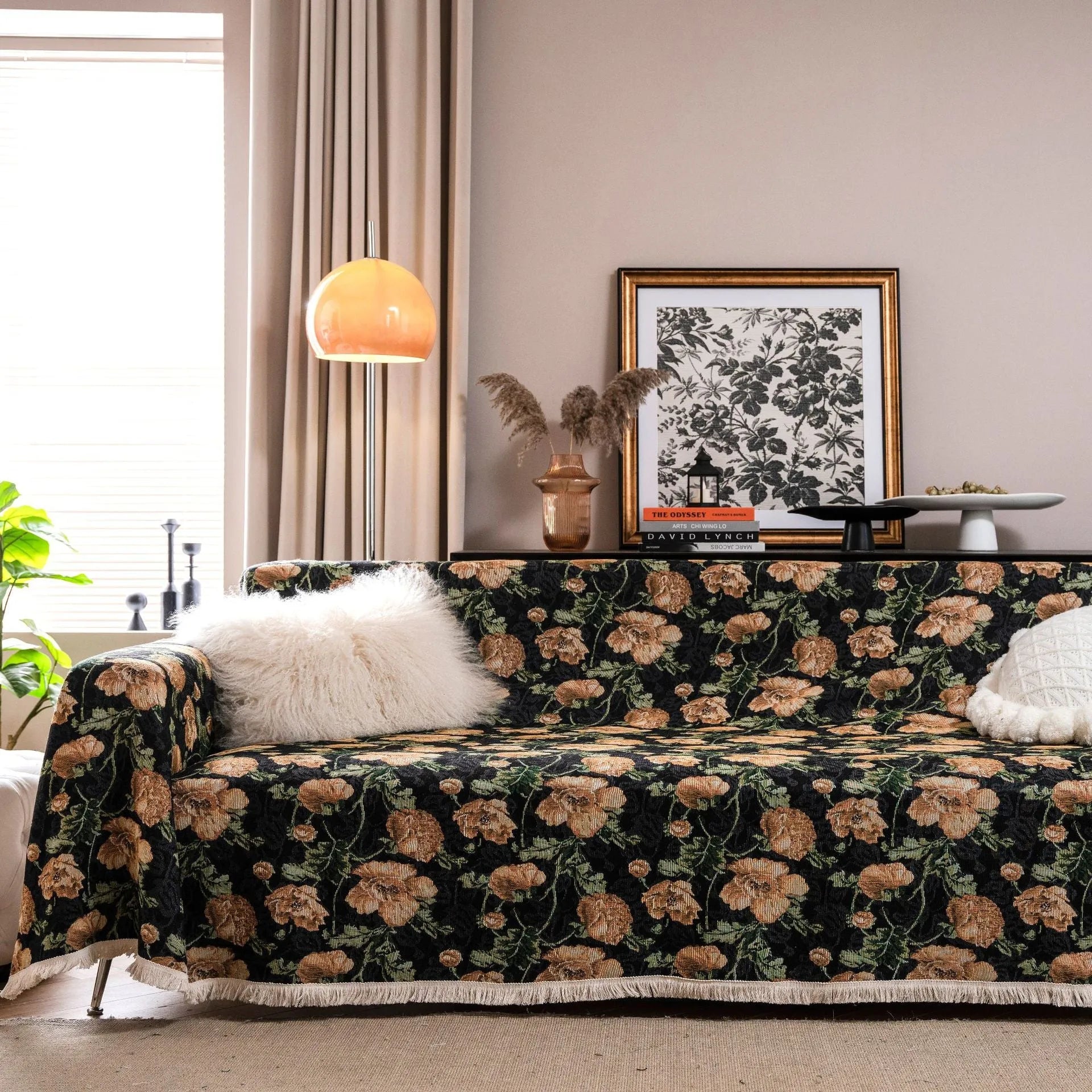 American country style jacquard patterned sofa cover in polyester cotton fabric on a sofa.