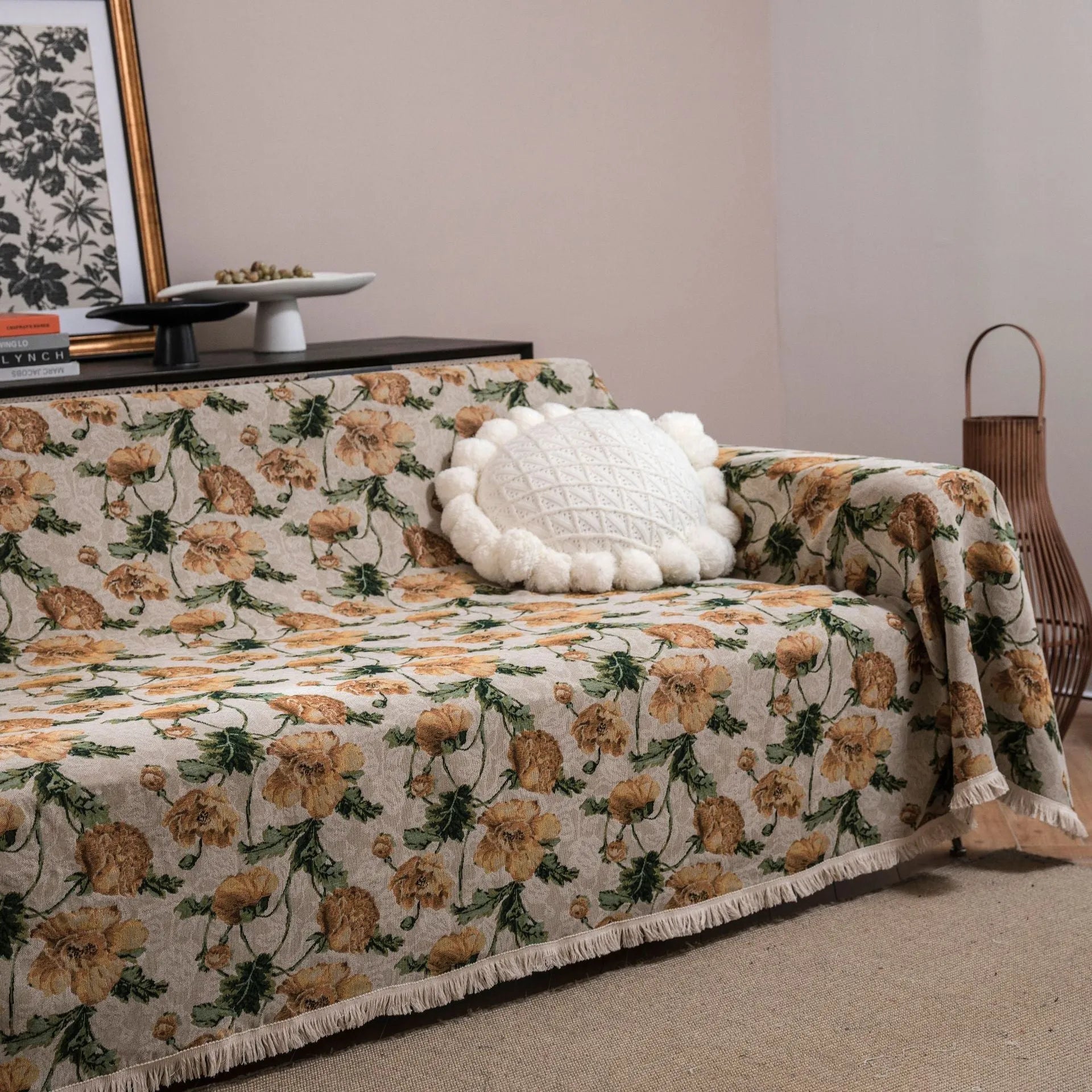 American country style jacquard patterned sofa cover in polyester cotton fabric on a sofa.