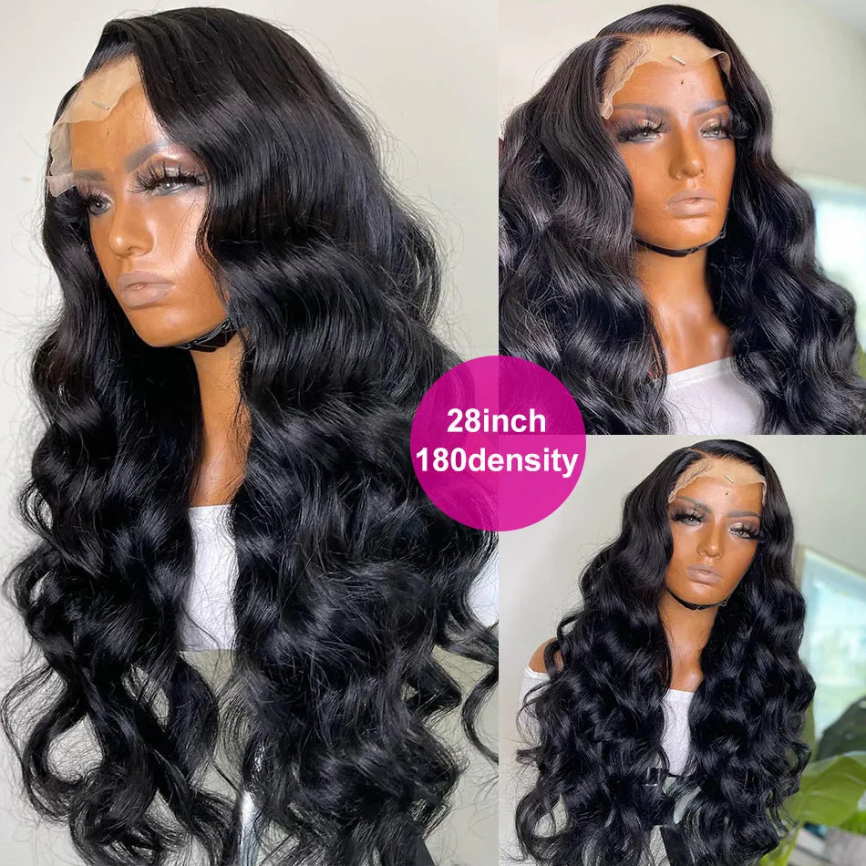Black long curly synthetic wig with side bangs and a lace front, shown on a mannequin head.