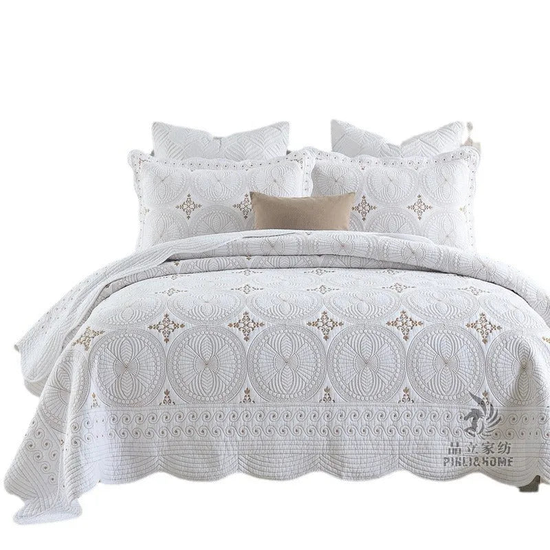 European-style cotton embroidery bed cover three-piece set with embroidered details on pure cotton fabric