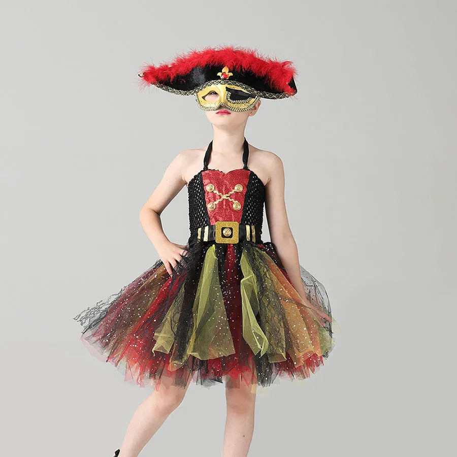 A sleeveless girls' pirate costume dress with black sequin decoration and sheer mesh panels.