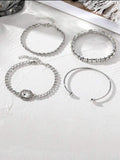 Women's four-piece alloy bracelet set with retro geometric square diamond design in gold or silver colour