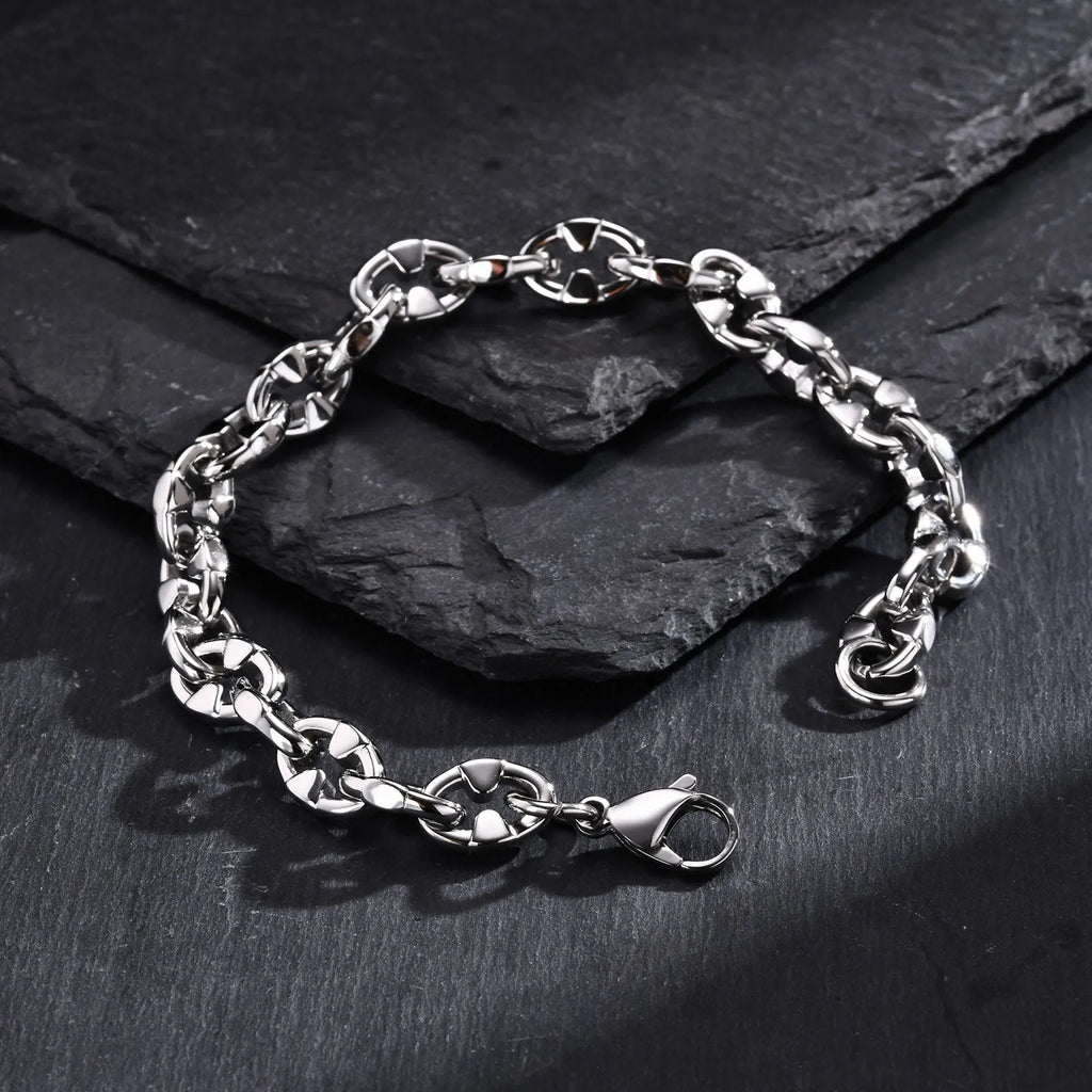 Handmade stainless steel thick chain bracelet with geometric links in steel colour