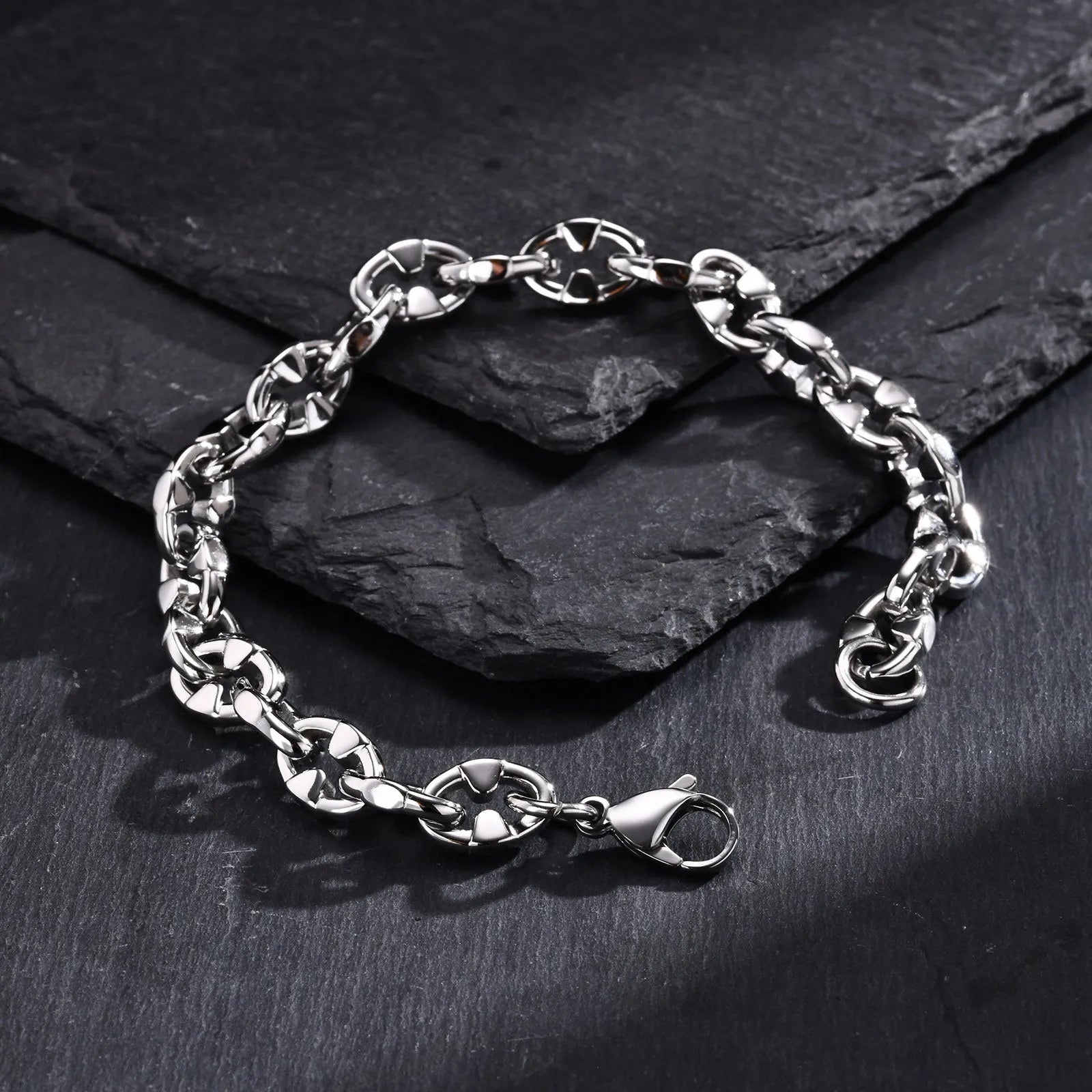 Handmade stainless steel thick chain bracelet with geometric links in steel colour