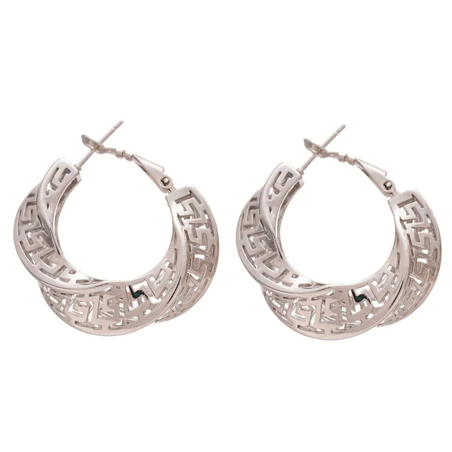 Geometric hollow stud earrings with twisted round design in gold or silver electroplated finish