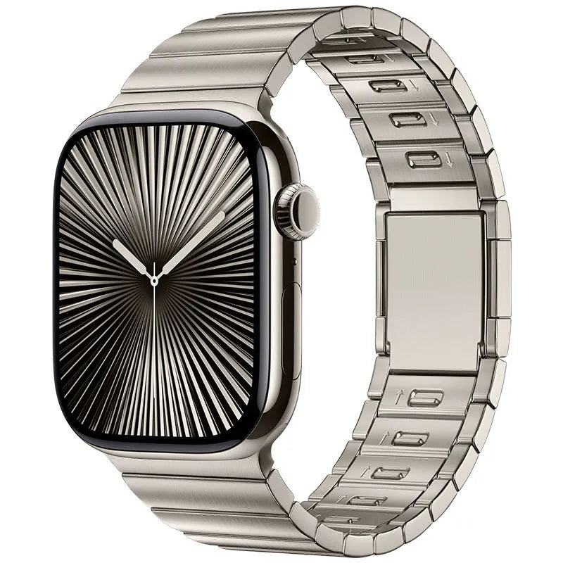 Stainless steel magnetic buckle watch strap for Apple Watch in silver colour showing business style and magnetic clasp