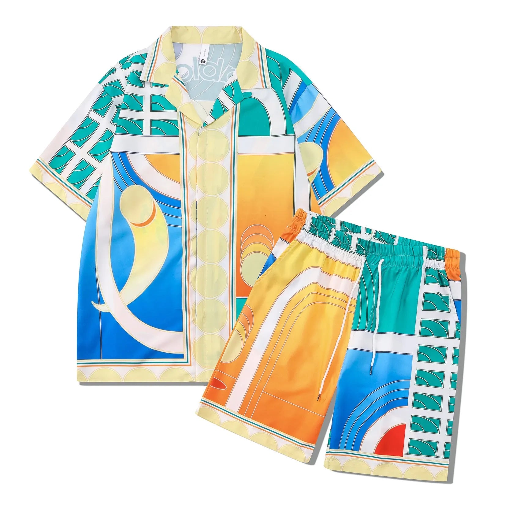 Plaid print beach outfit with short sleeve shirt and matching pants on mannequin