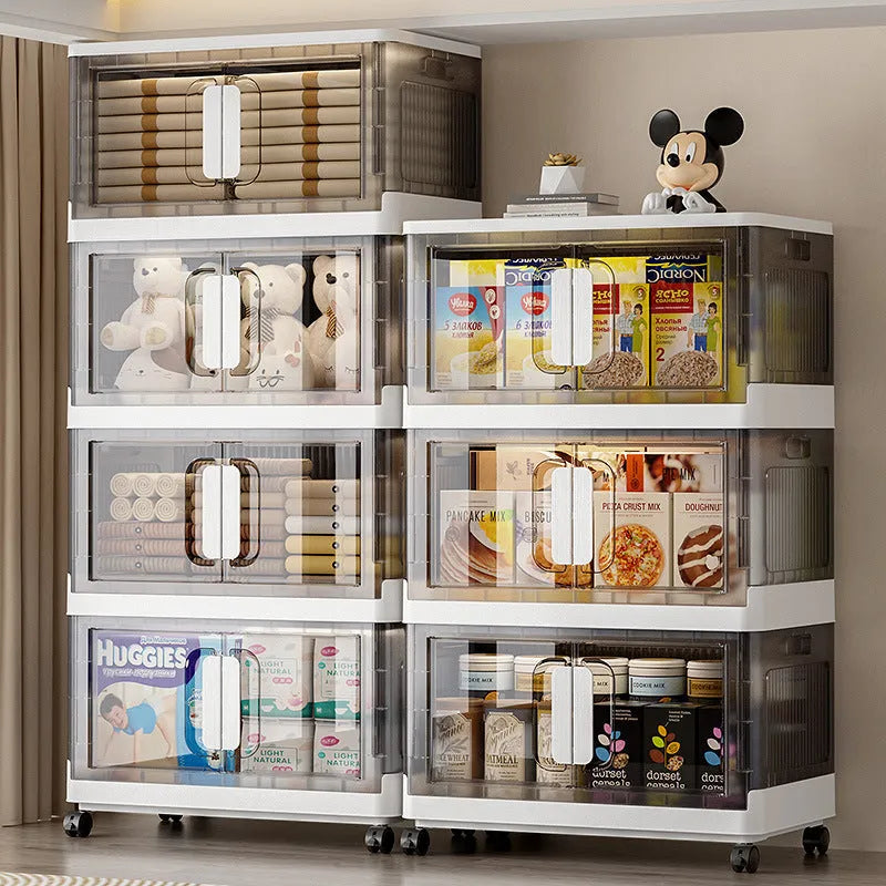 PP foldable storage locker with wheels in white finish showing multiple shelf layers and door configuration