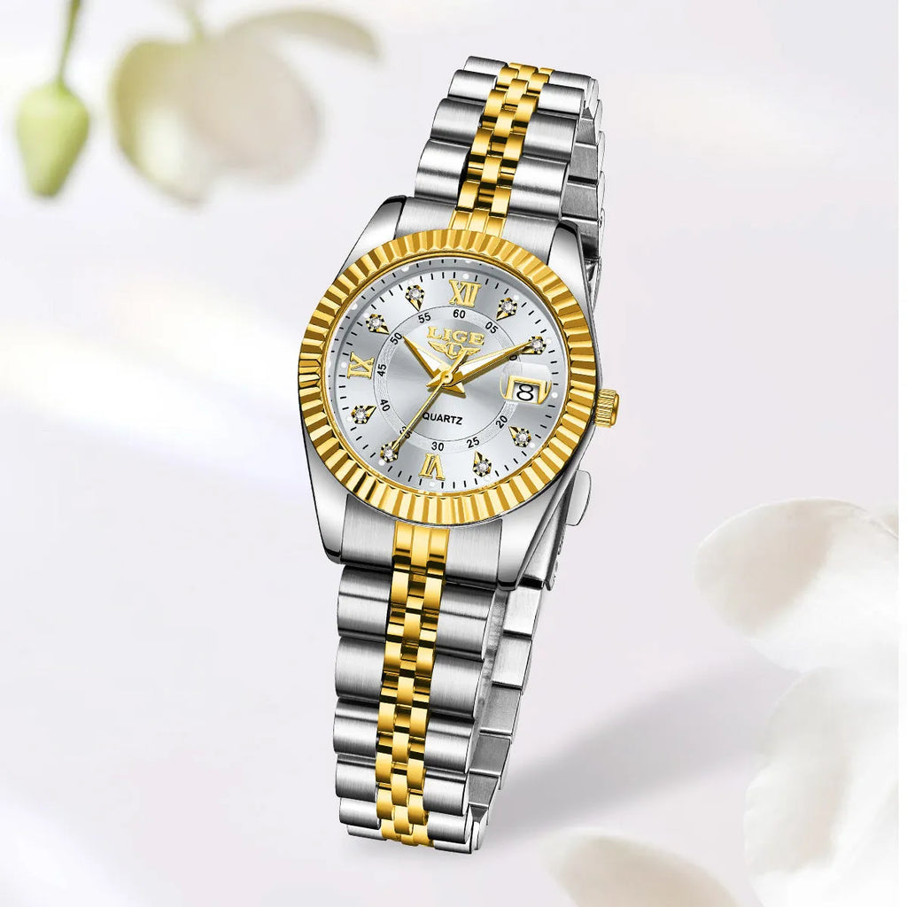 Waterproof fashion quartz watch for women with gold and silver colour options and 10mm thickness.