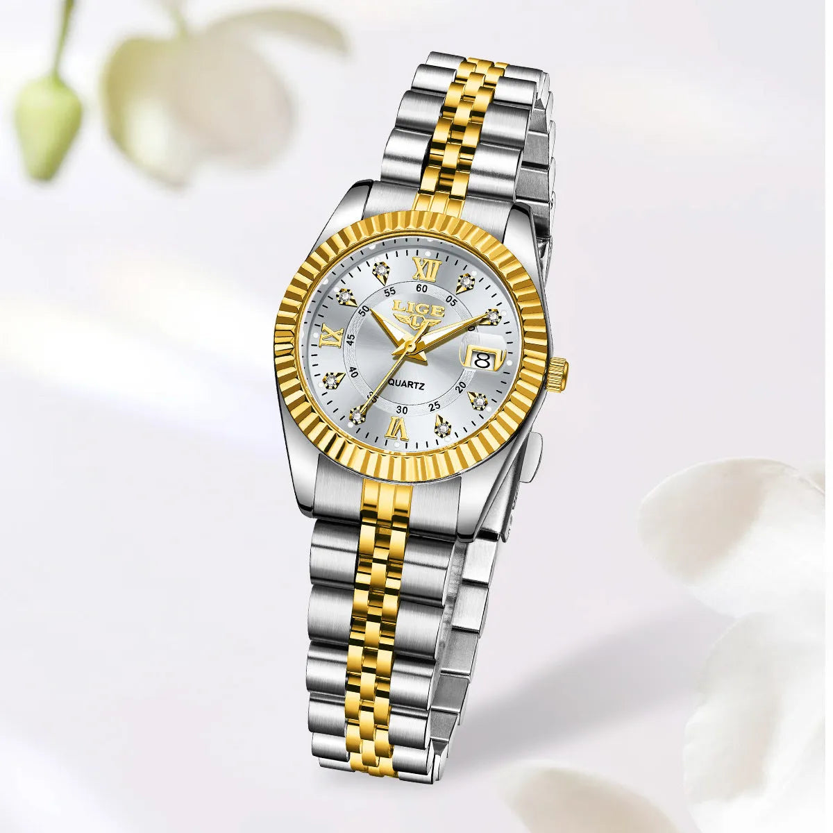 Waterproof fashion quartz watch for women with gold and silver colour options and 10mm thickness.
