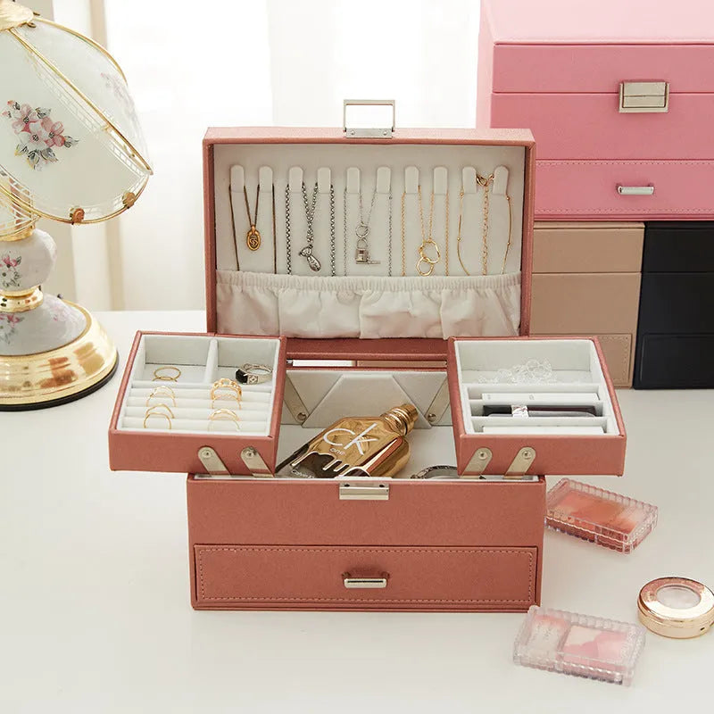 PU leather jewellery storage box in beige colour showing hard case construction and compact dimensions
