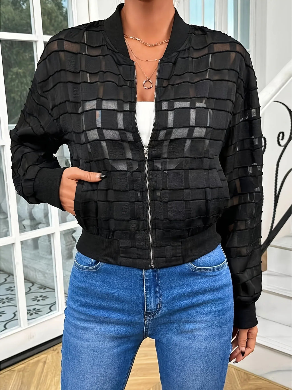 Women's black semi-transparent casual jacket with geometric pattern and zip front