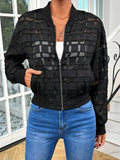Women's black semi-transparent casual jacket with geometric pattern and zip front
