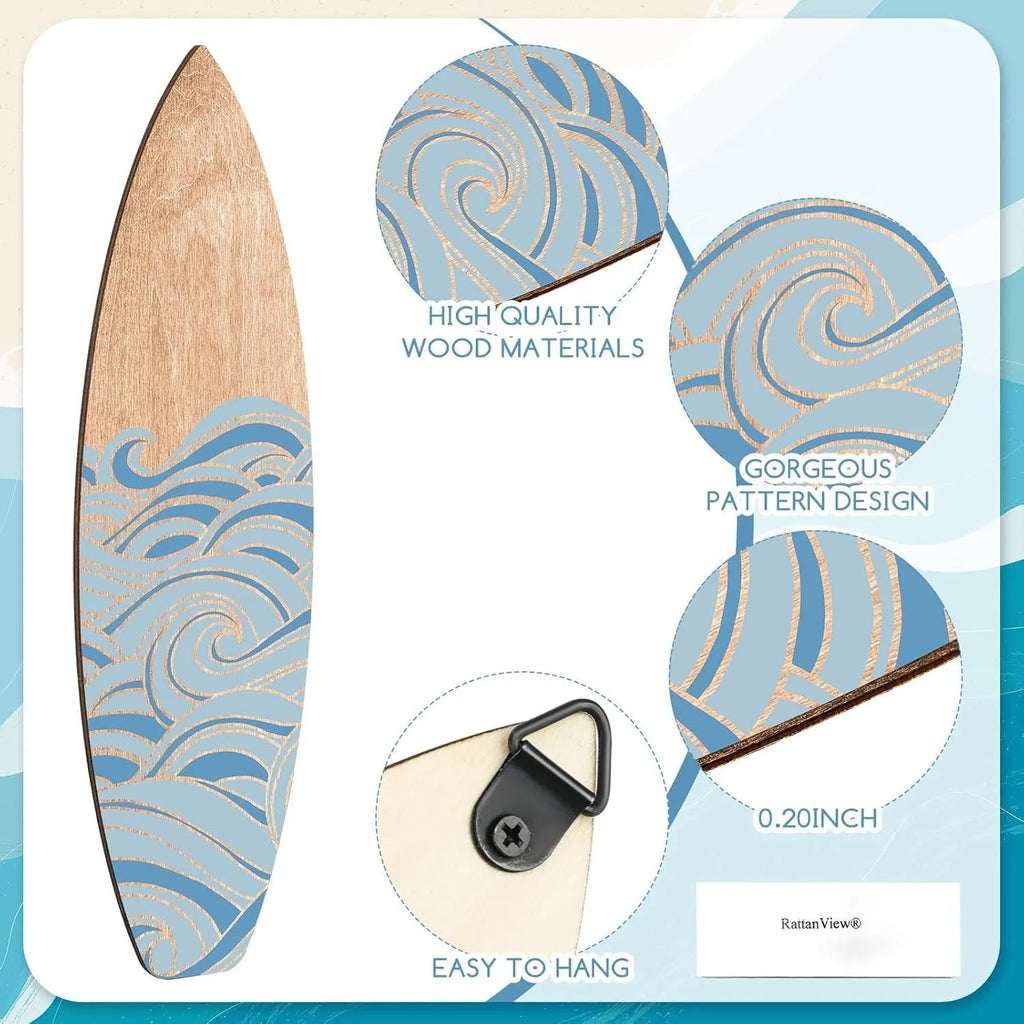 Three identical wooden surfboard decorations on display