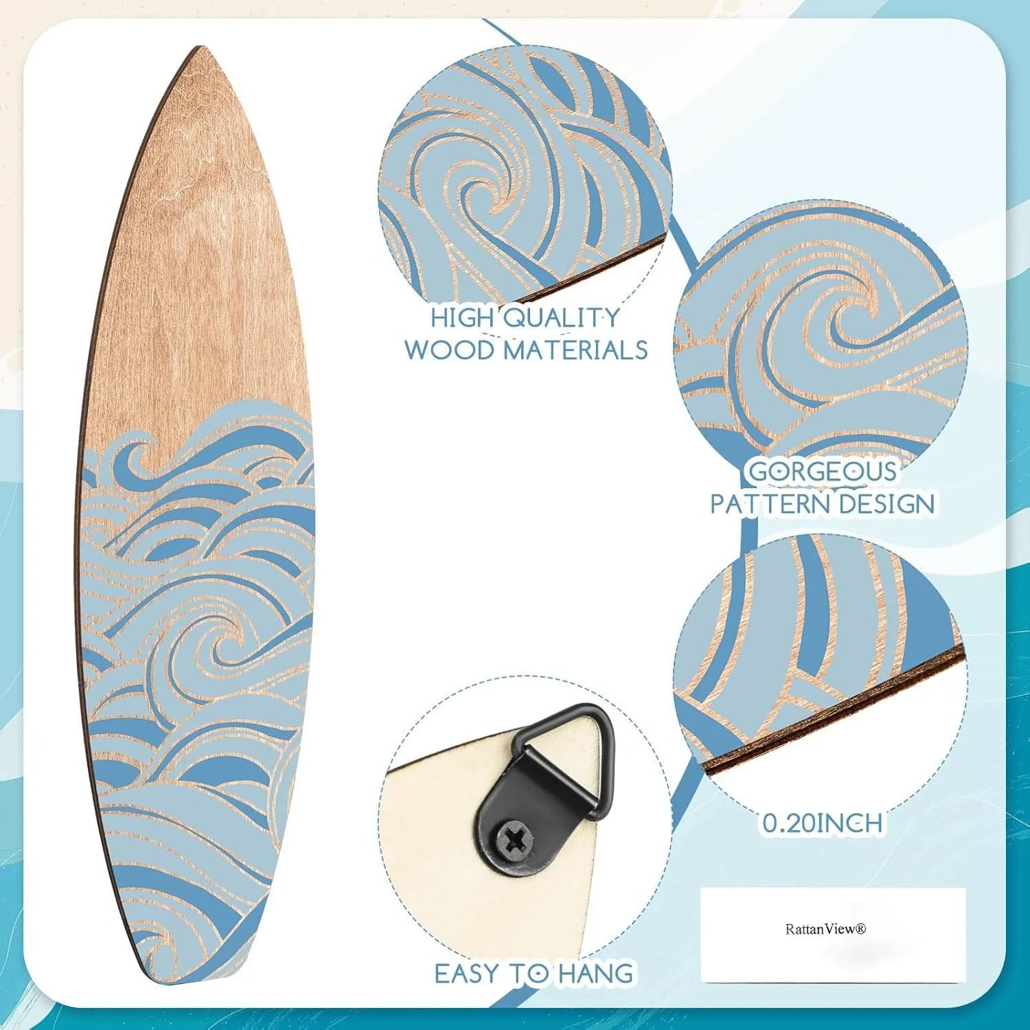 Three identical wooden surfboard decorations on display