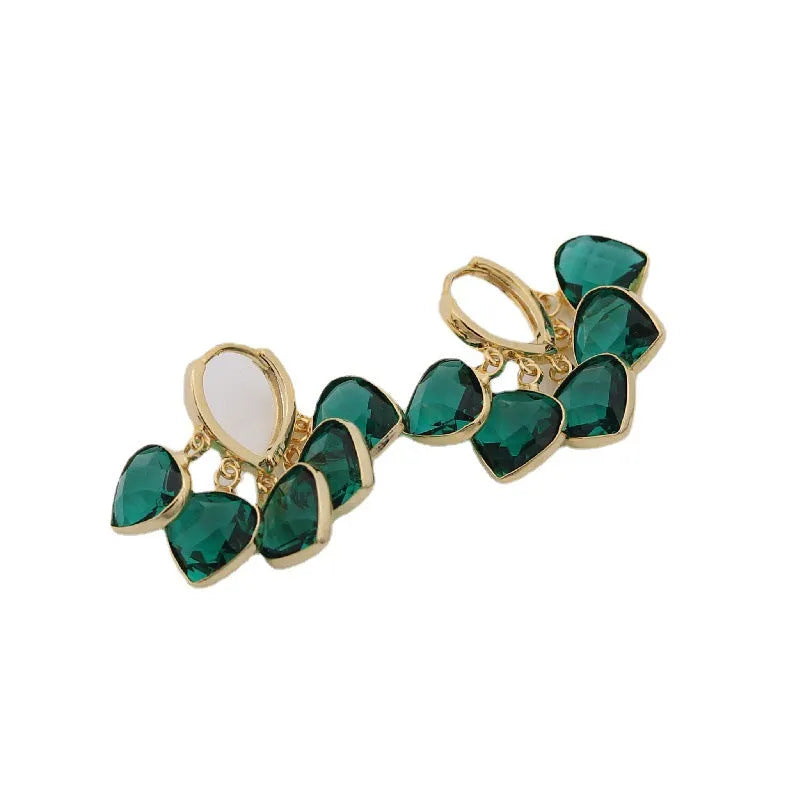 Green heart-shaped clip earrings with alloy inlaid gemstone details in Korean style