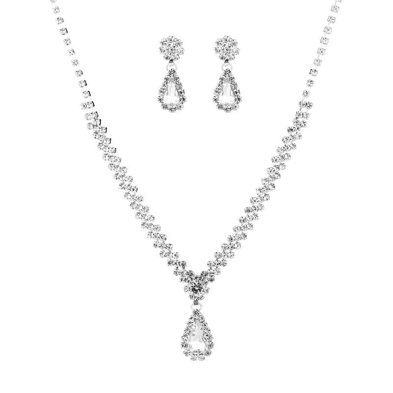 Claw chain necklace and earrings set with rhinestone water drops in multiple colour options