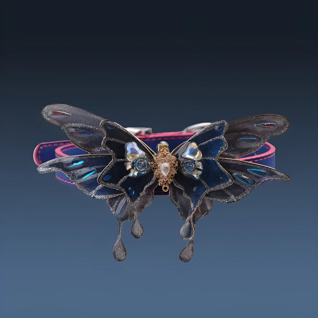 Temperature change colour butterfly rhinestone collar with alloy pendant and decorative insect design