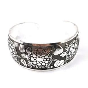 Ethnic Miao silver carved open bracelet with Roman shape in antique turtle colour