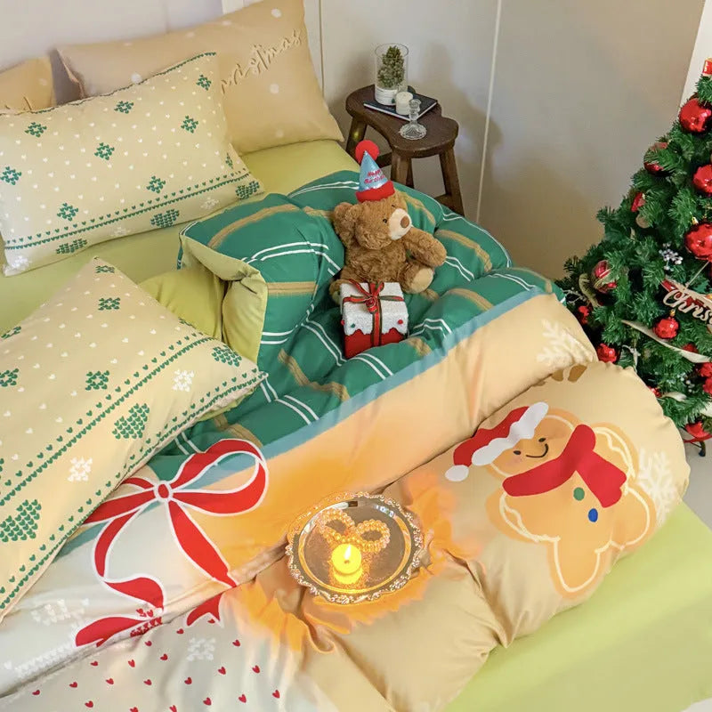 Christmas cartoon printed bedding set with super soft washed cotton showing sheet, quilt cover and pillowcases