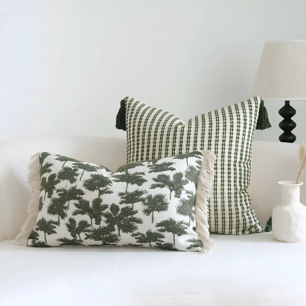 Green cotton and linen hotel sample pillow with silk floss filler in striped and botanical patterns