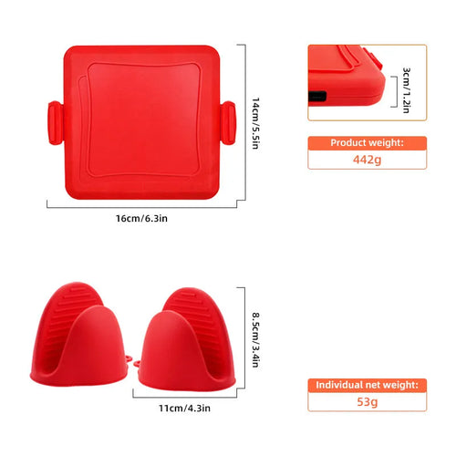 Red silicone baking tray with matching oven gloves set on kitchen counter