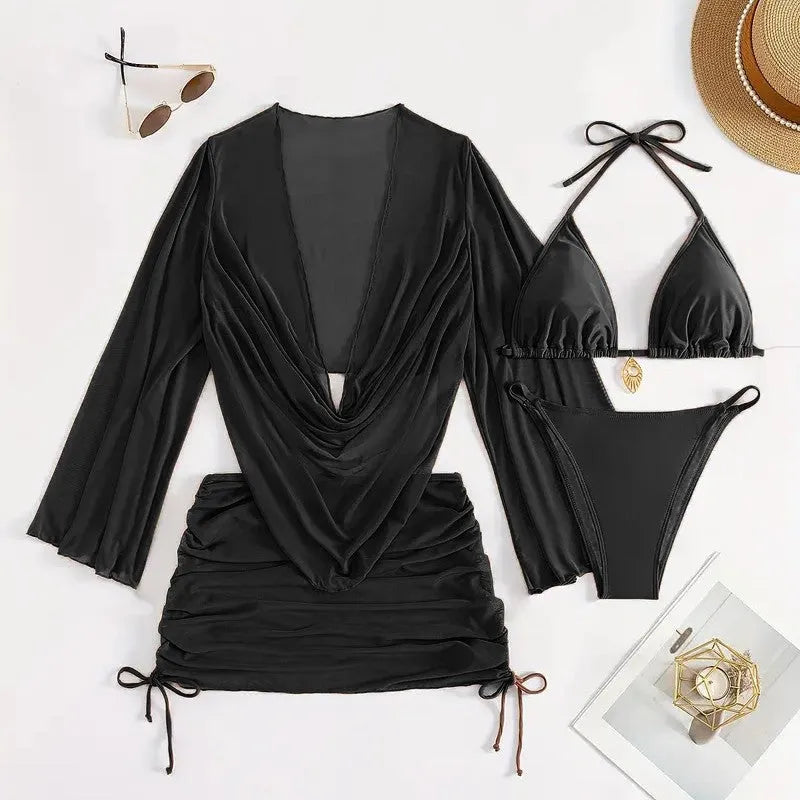 Women's dark brown lace-up bikini swimsuit with brief style and backless design.