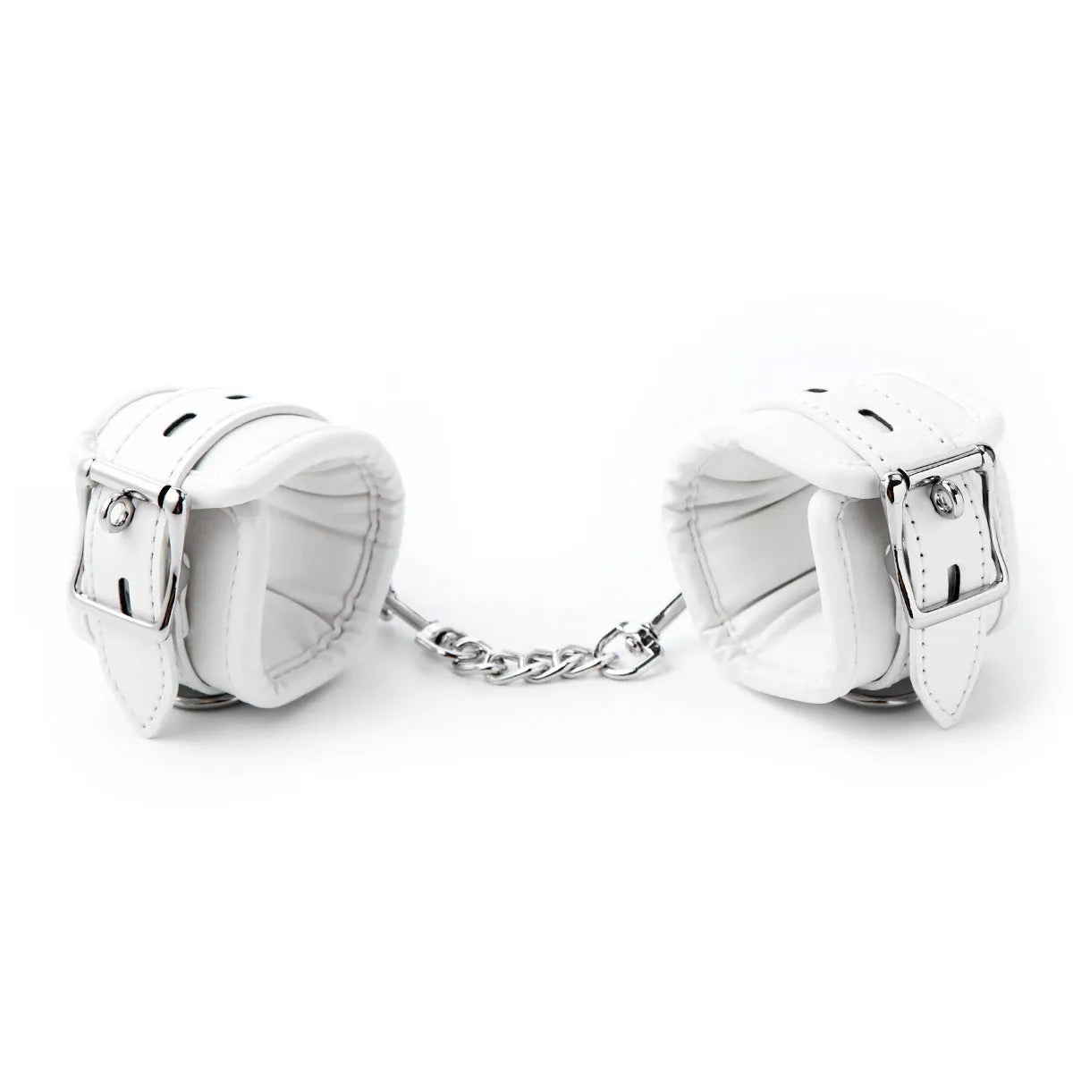 White PU sponge bondage set showing handcuffs, foot cuffs and neck scarf for restraint play