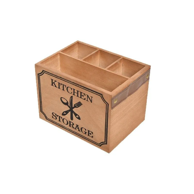 Wooden kitchen storage box for knives, forks, and chopsticks with internal dividers.