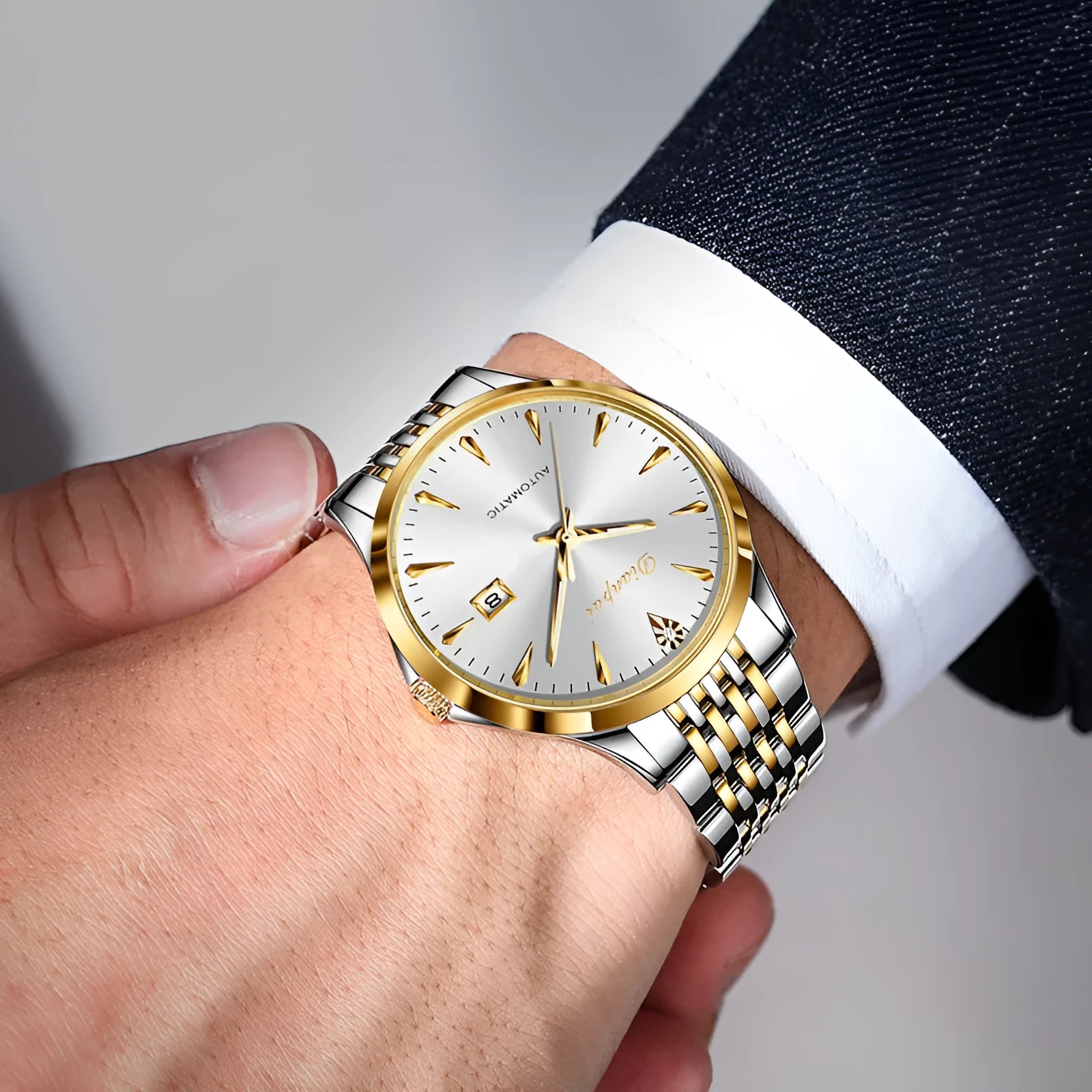 Men's simple dial automatic watch with stainless steel strap and case