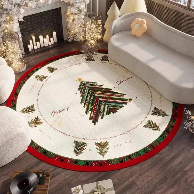 Round red Christmas polyester floor carpet with festive design and non-slip base