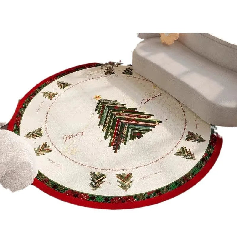 Round red Christmas polyester floor carpet with festive design and non-slip base