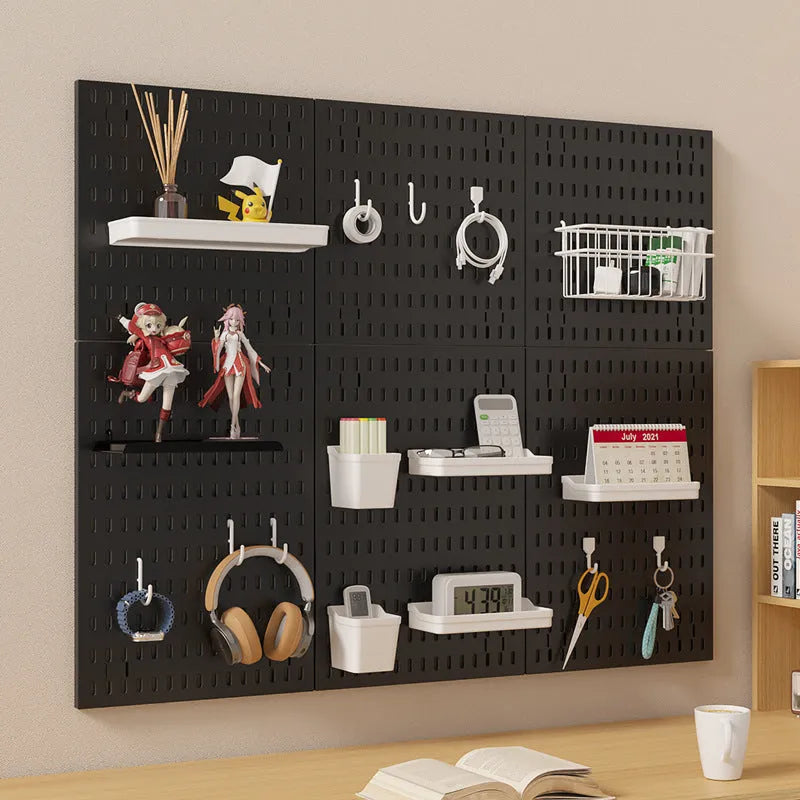 White punch-free wall wire-wrap storage board with organisational items displayed
