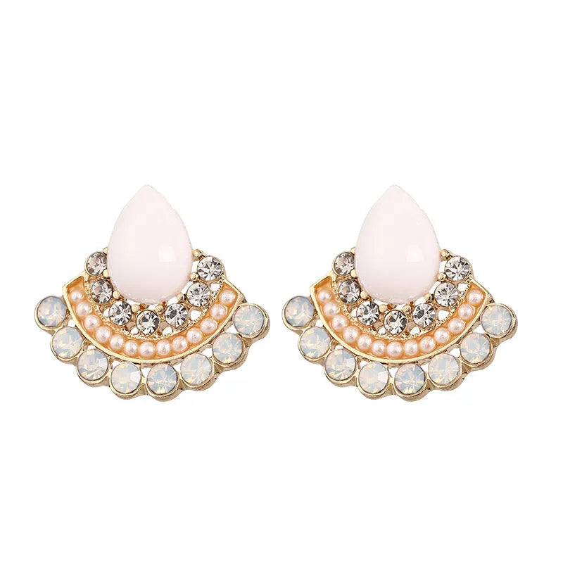 Women's retro fan-shaped geometric earrings with electroplated sterling silver finish and opal rhinestone accents