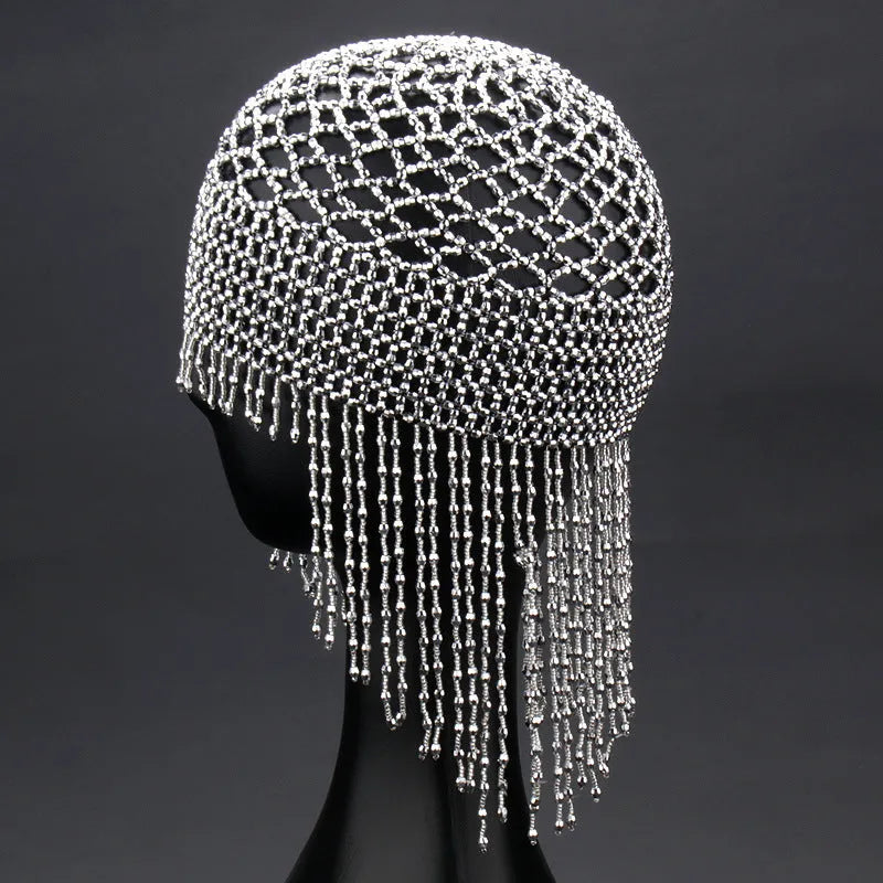 Handmade alloy belly dance hair ornament with mesh tile and tassels in silver or black