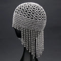 Handmade alloy belly dance hair ornament with mesh tile and tassels in silver or black