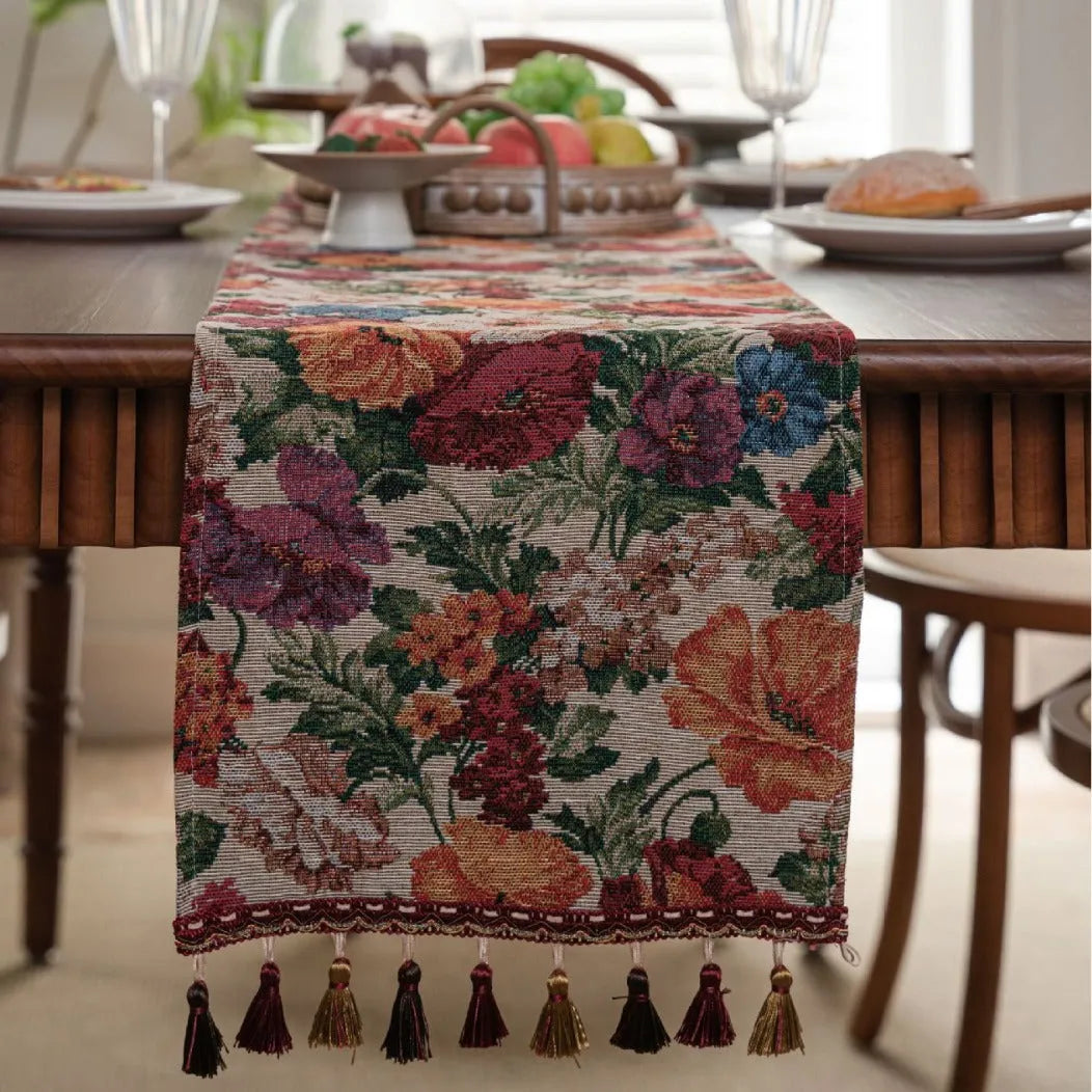 American style jacquard table runner with long tassels and floral pattern for wedding decoration