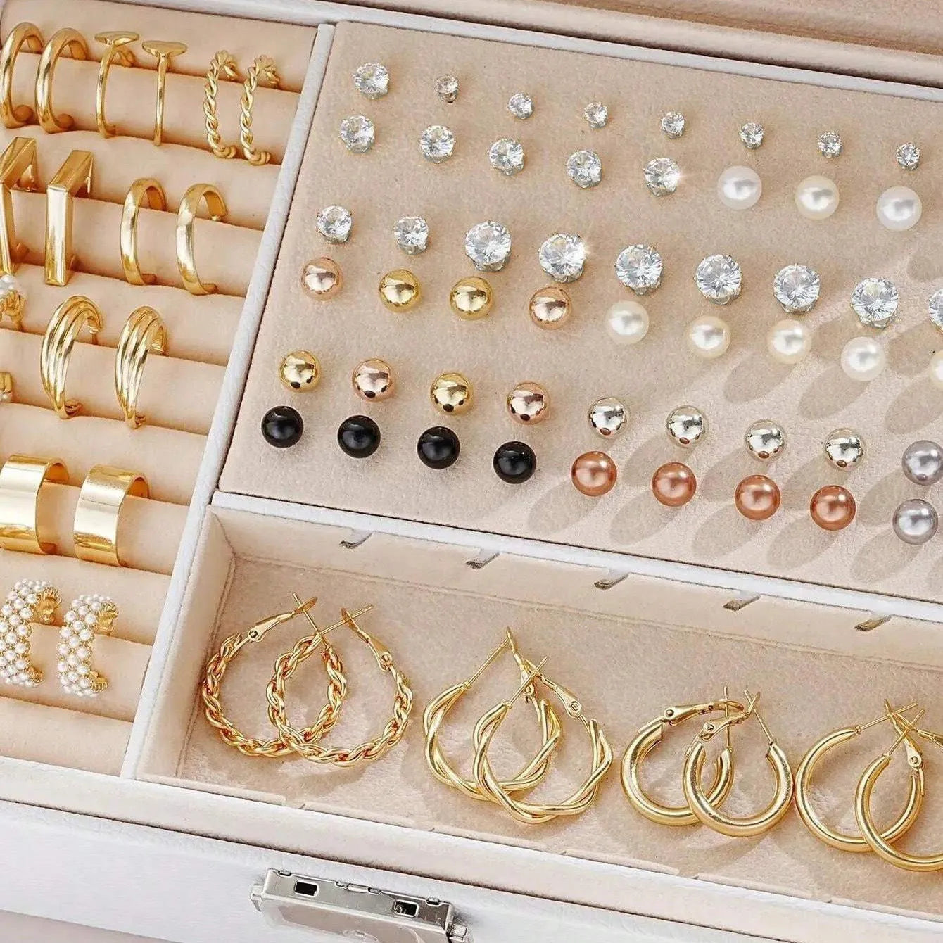 108-piece gold and yellow geometric pearl earring set with round decorative elements