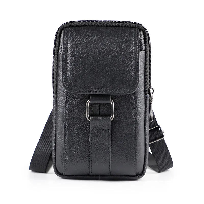 Men's genuine leather crossbody waist bag with coin pocket and lock detail in vertical square shape