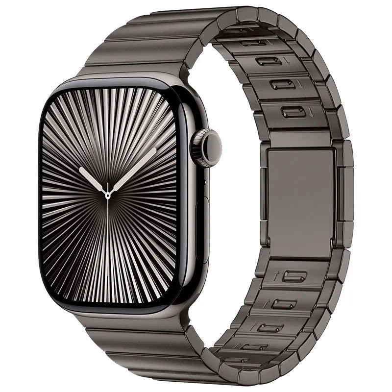 Stainless steel magnetic buckle watch strap for Apple Watch in silver colour showing business style and magnetic clasp
