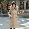 Women's long white fleece trench coat with cotton padding, showing elegant style and 100cm length.