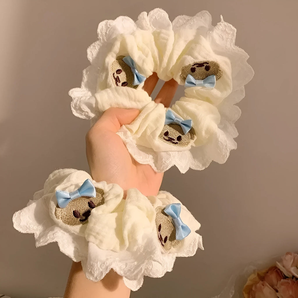 Blue bear bow lace elastic cloth hair ring large intestine style hair accessory
