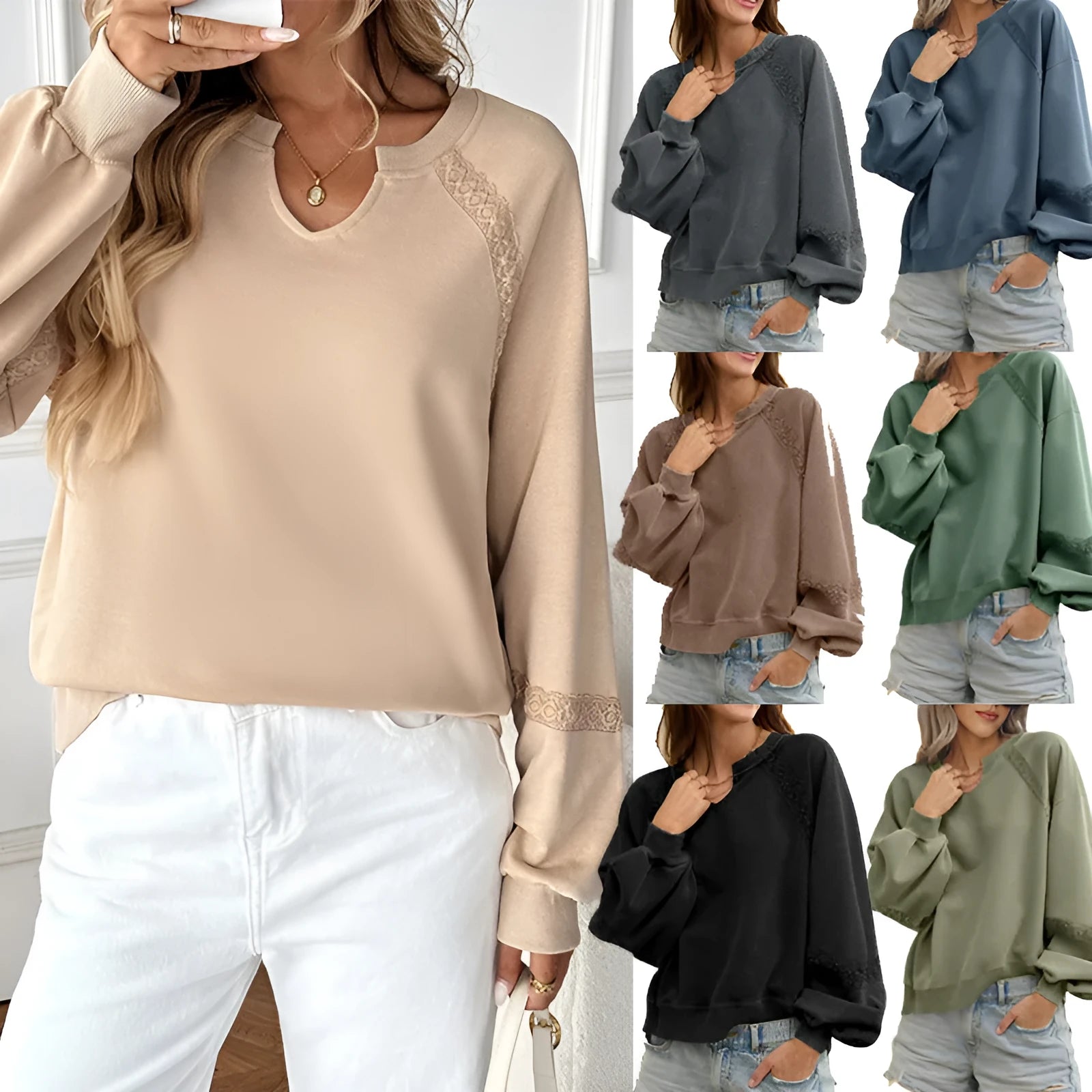 Women's solid colour half-open collar sweater with stitching lace detail and long sleeves in a loose fit.