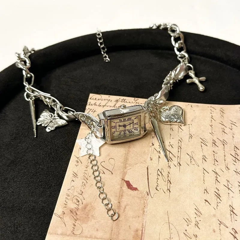 Dark multi-layer cross necklace with twin clavicle chains and adjustable 41-50cm length