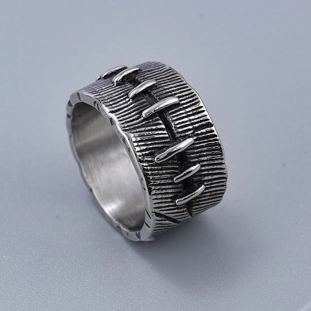 Dark punk-style geometric titanium steel double ring in retro colour on a U-shaped band.